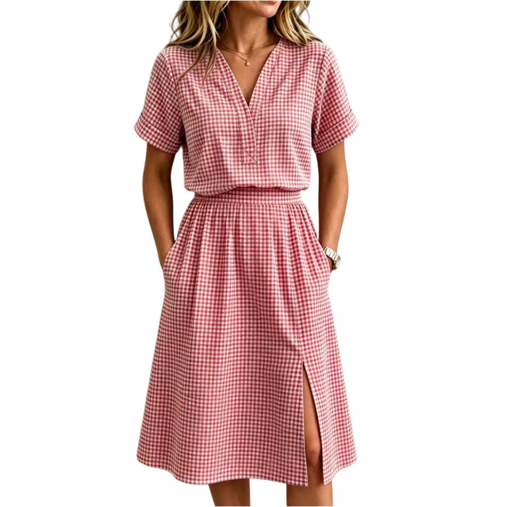 Women's Plaid Two-Piece Outfit, Short Sleeve Button Top with Pocket and Matching Skirt, Summer Casual Set