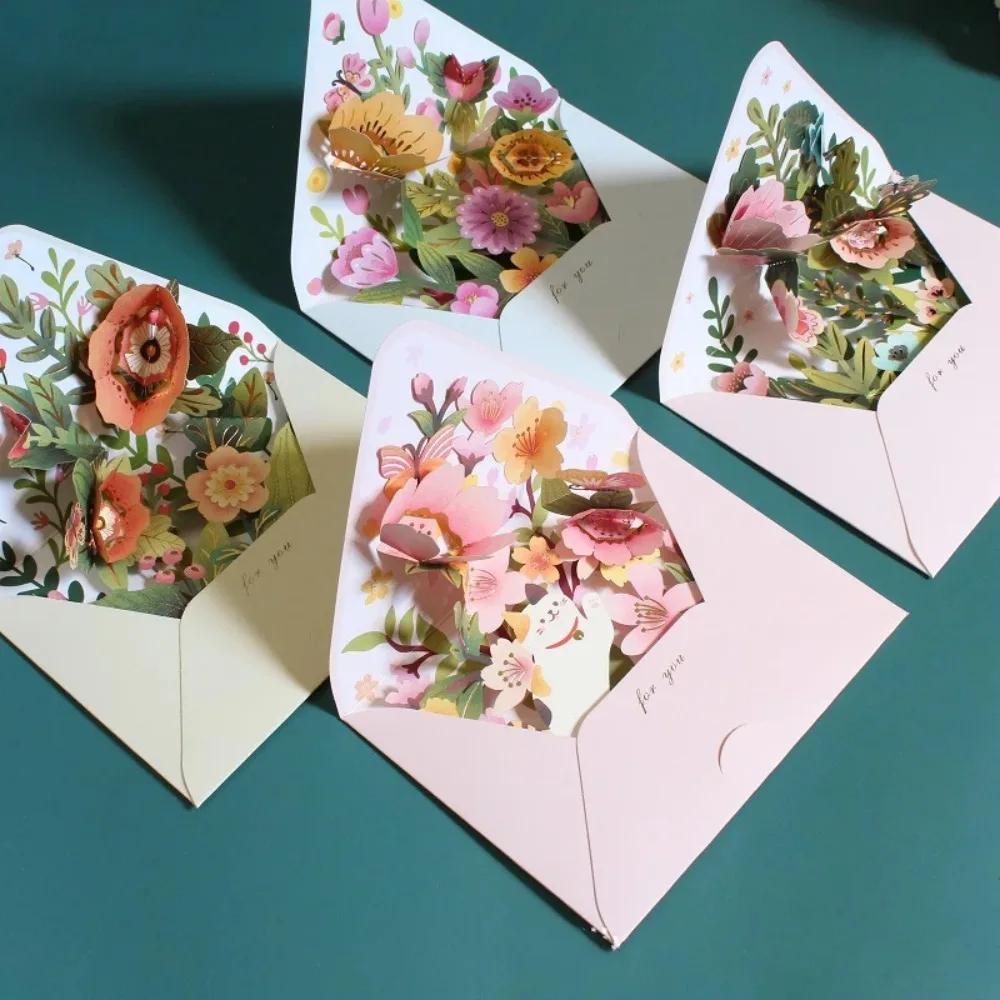 Romantic Flower Birthday Christmas Card 3D Pop-up Paper Flowers Postcard with Envelope Valentines