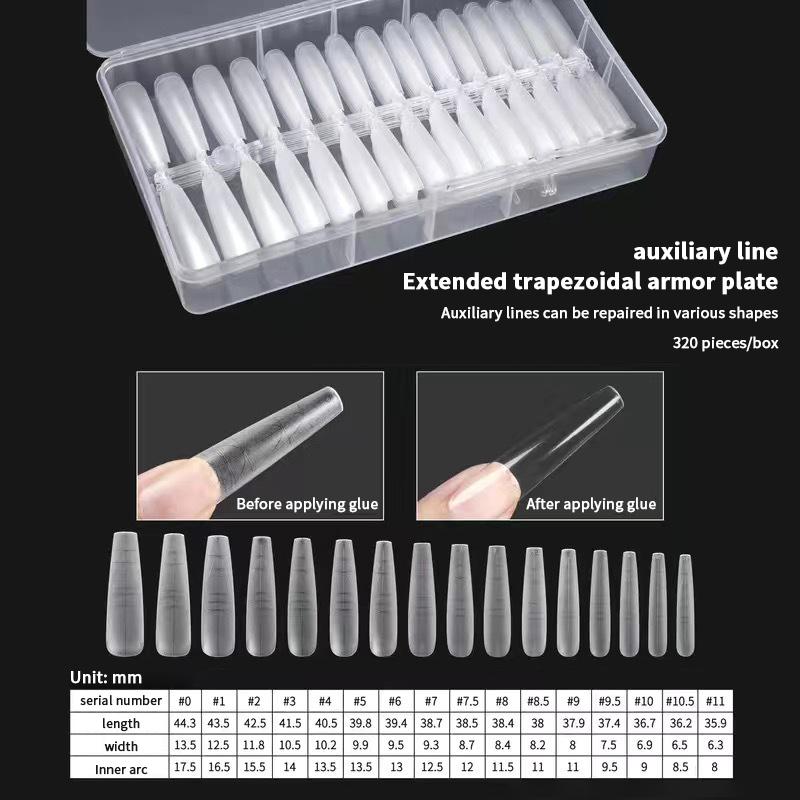 320Pcs Almond Coffin Nail Tips Multifunctional Soft Gel Full Cover Fake Nails with Auxiliary Lines for Nail Extension Press-On