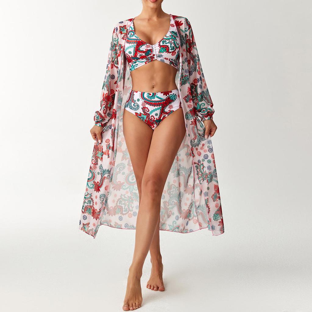 Bikini a tre pezzi a vita alta Euro-Americano Cross-Border 2026 con Copricostume Protezione Solare