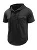 Men Summer Hooded Shirt Casual Solid Color 1 3 Buttons Short Sleeve Hoodies Tops for Beach Vacation Streetwear