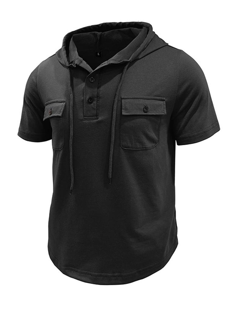 Pánské letní tričko s kapucí ležérní jednobarevné 1 3 knoflíky krátký rukáv mikiny topy na plážovou dovolenou streetwear
