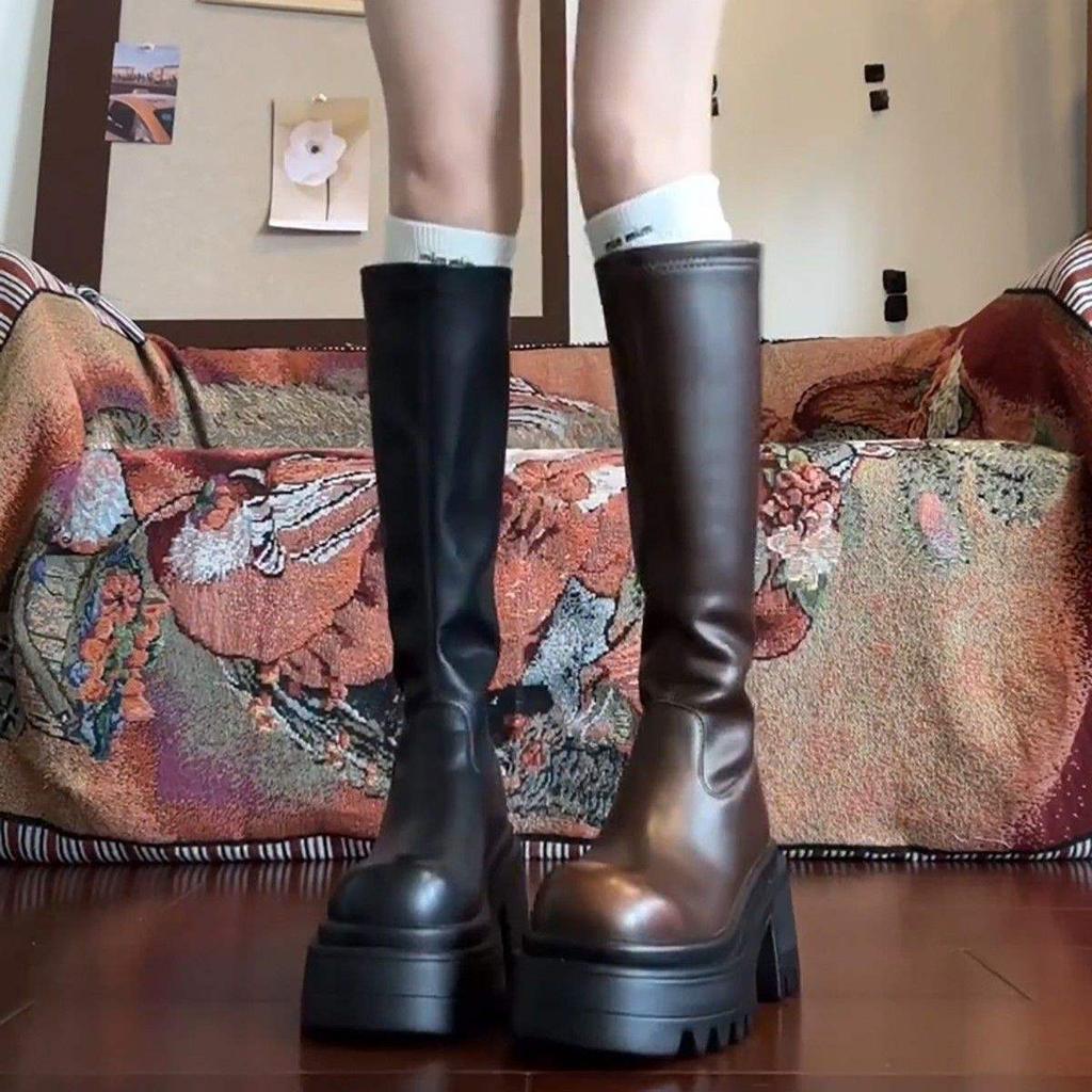 Black Thick-soled Heightening Boots for Women, But Knee-high Knight Boots, Thick Heel for Small Men, Long Tube, Thin Boots, Non-slip.