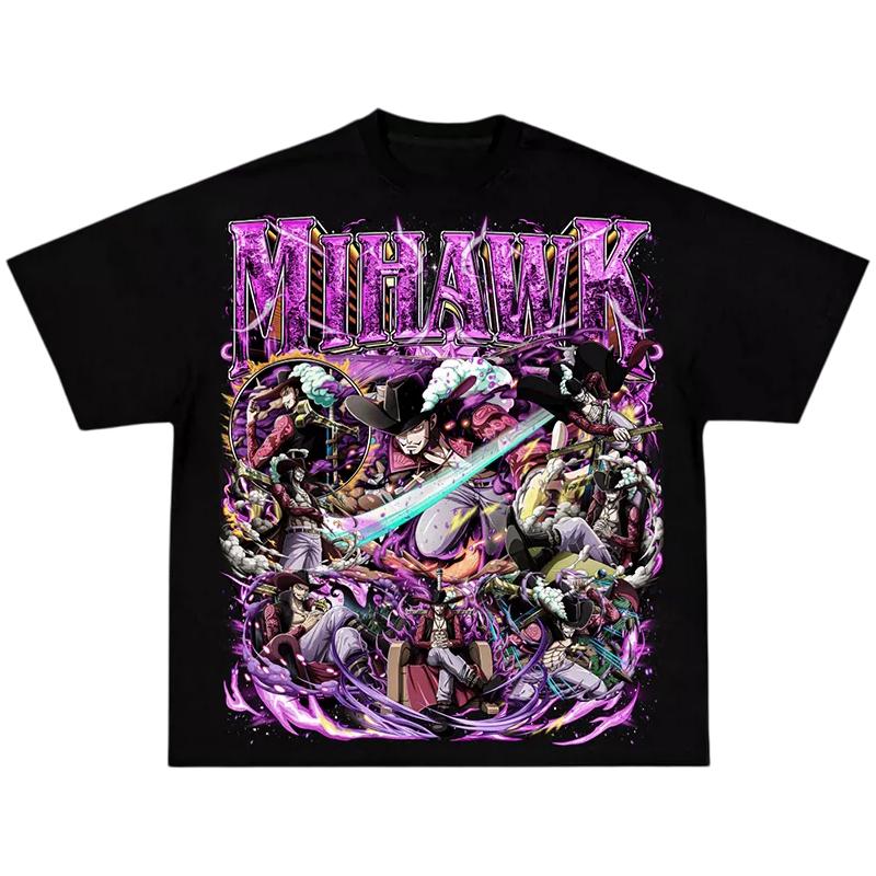 

One Piece Dracule Mihawk TShirt Men Women Wano Retro 100 Cotton Anime Graphic Tee Casual Loose Crew Neck Short Sleeve Top 4XL