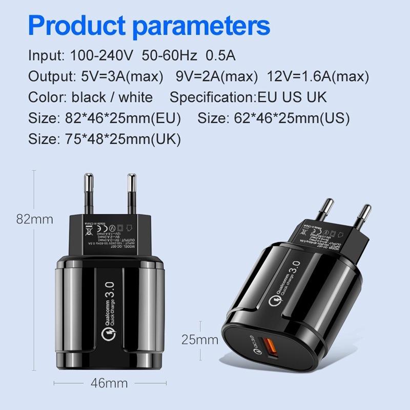 QC3.0 18W USB Fast Charge Travel Adapter, 5V 3A