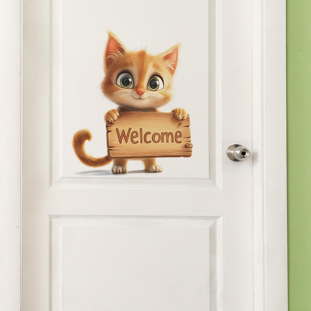 Cartoon Cat Welcome Sign Wall Sticker Self-Adhesive Removable Kids Room Bedroom Home Decor