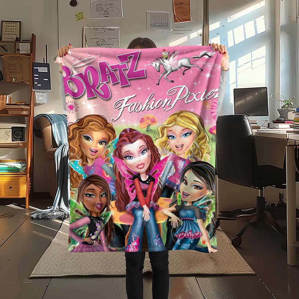 1Pc Bratz Doll Print Flannel Blanket, High quality Comfortable for All Seasons, Home Decor, Warmth and Comfort, Perfect for Gifts