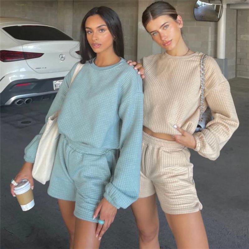 Fashion Casual Sports Top Shorts 2 Pieces Suit Female Pullover Shorts Tracksuit Set
