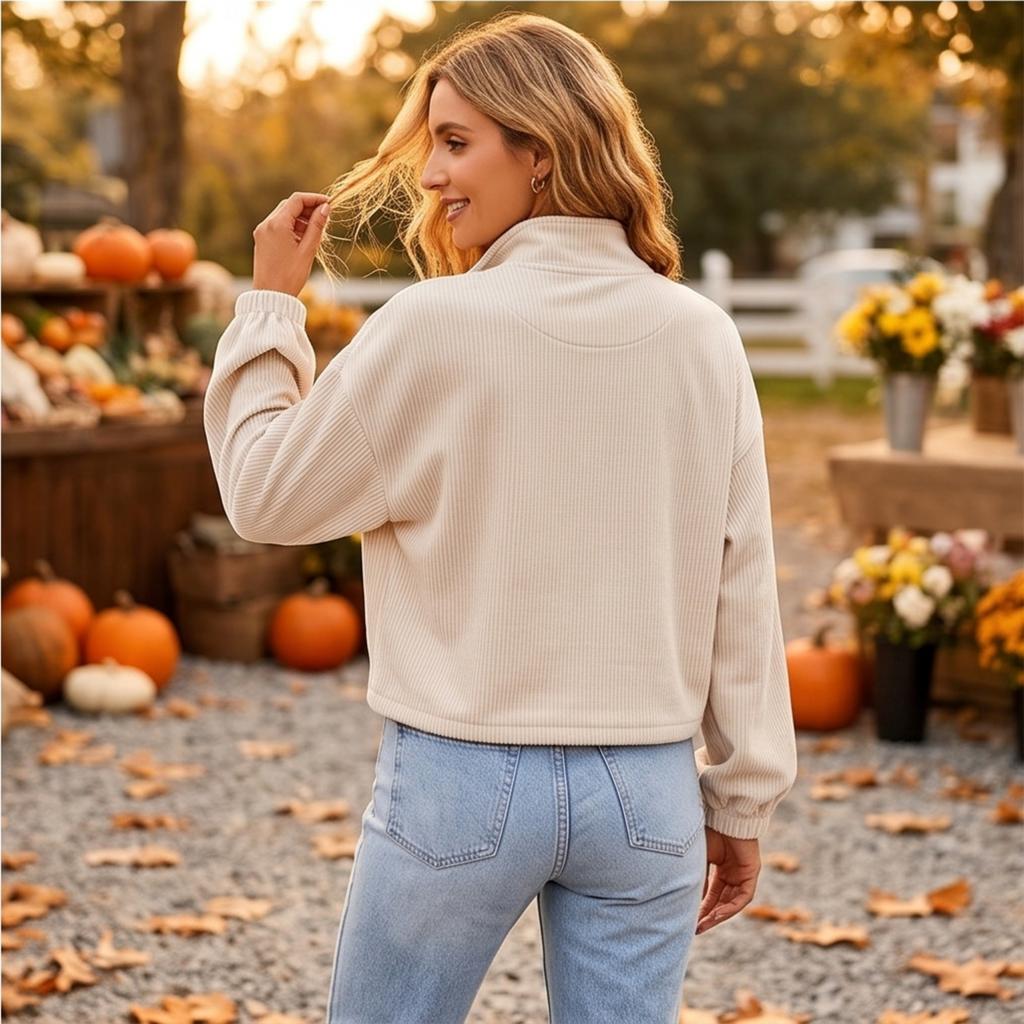 Women's Fashion Color Half-Zip Mock Neck Long Sleeve Sweatshirt with Pockets