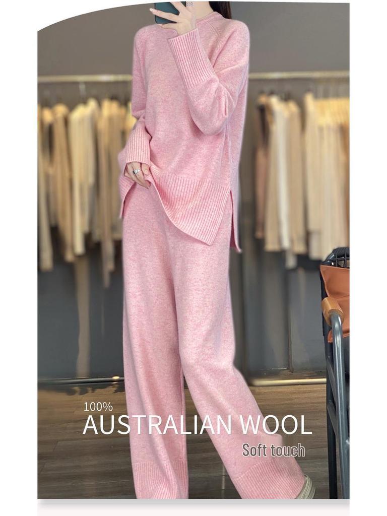 Autumn/Winter Cashmere Knitwear: Thick Long Sweater & Loose Wide-Leg Pants Two-Piece Set