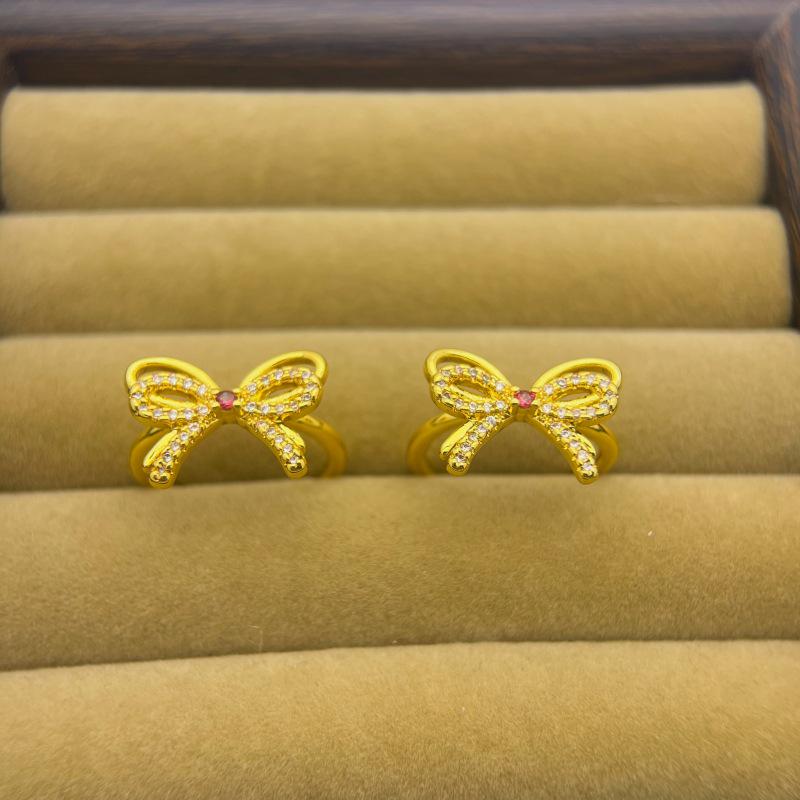 Women's Gold Bow Stone-Inlaid Open Ring - Celebrity Style
