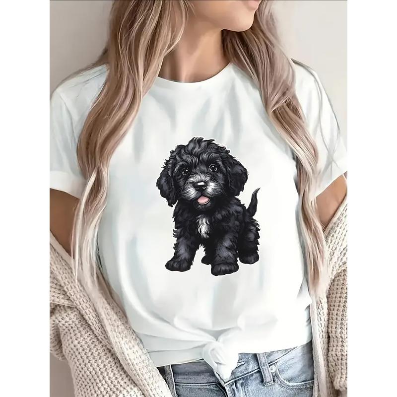 Süßes Hundeprint T-Shirt Lässig Kurzarm Rundhals Hundeliebhaber Top