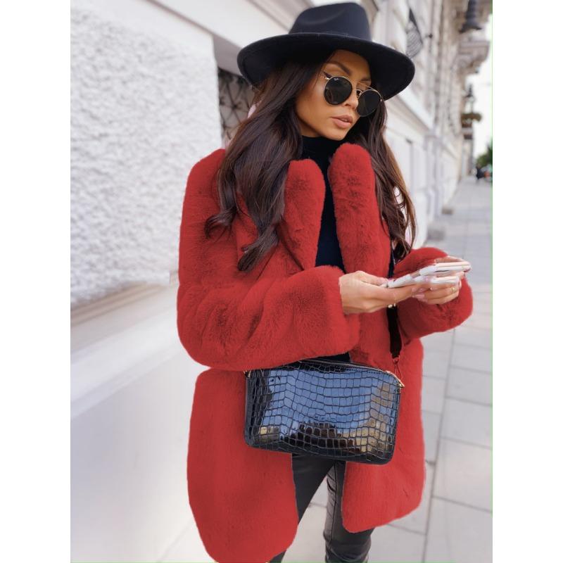 Women's Lapel Mid-Length Faux Fur Coat  Loose Fit Warm Winter Outerwear