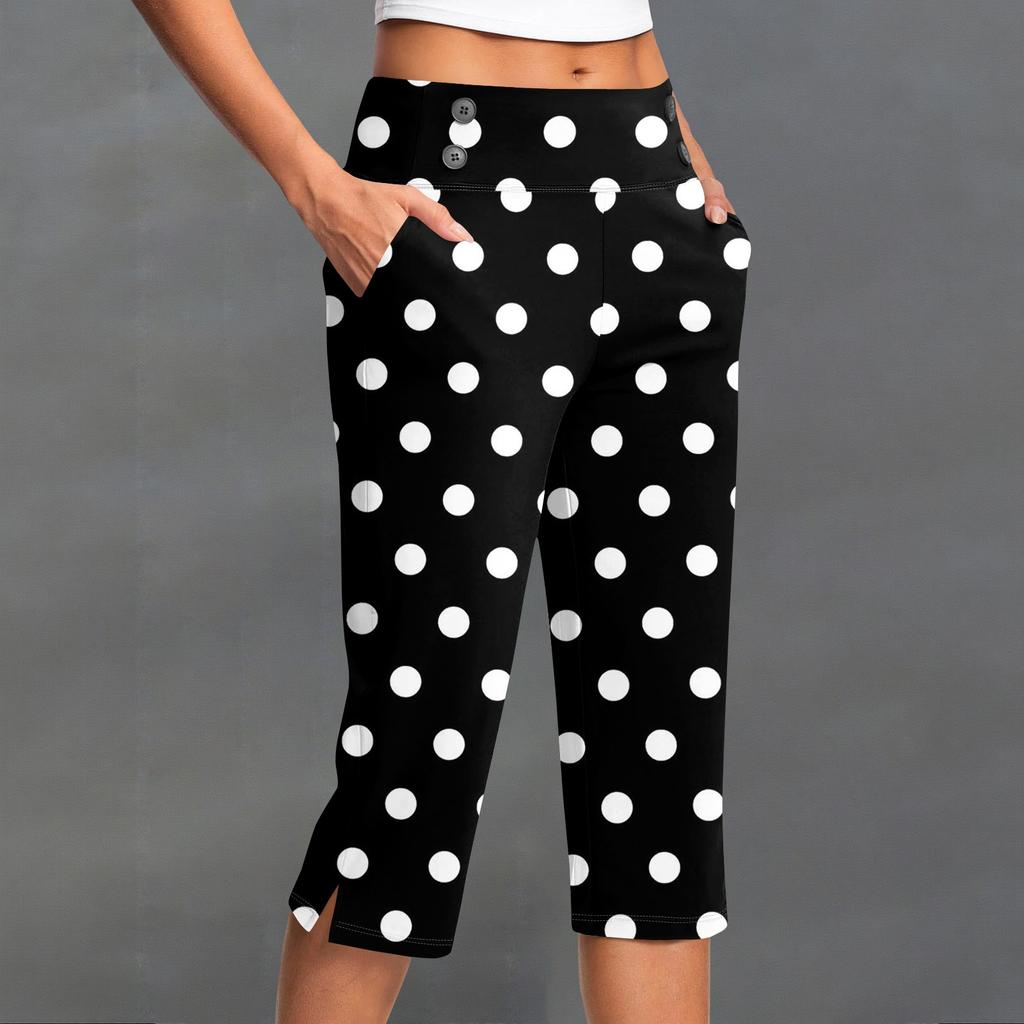 Women's Fashion Polka Dot Button Pocket Trousers Slit High Waist Sports Yoga Casual Cropped Pants