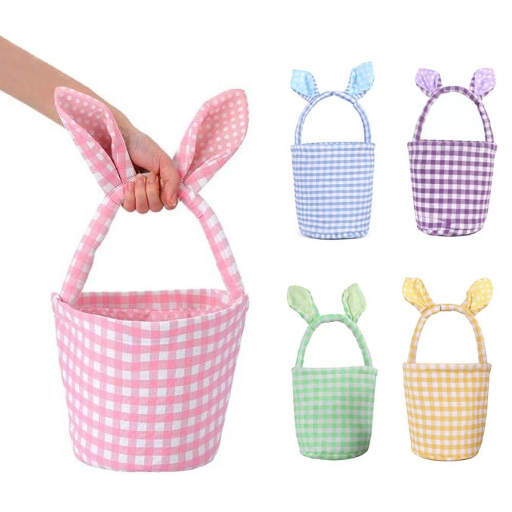 Grid Design Rabbit Ear Basket Plaid Pattern Moisture Resistant Easter Eggs Basket Reusable Bunny Ear Handle Easter Party Basket