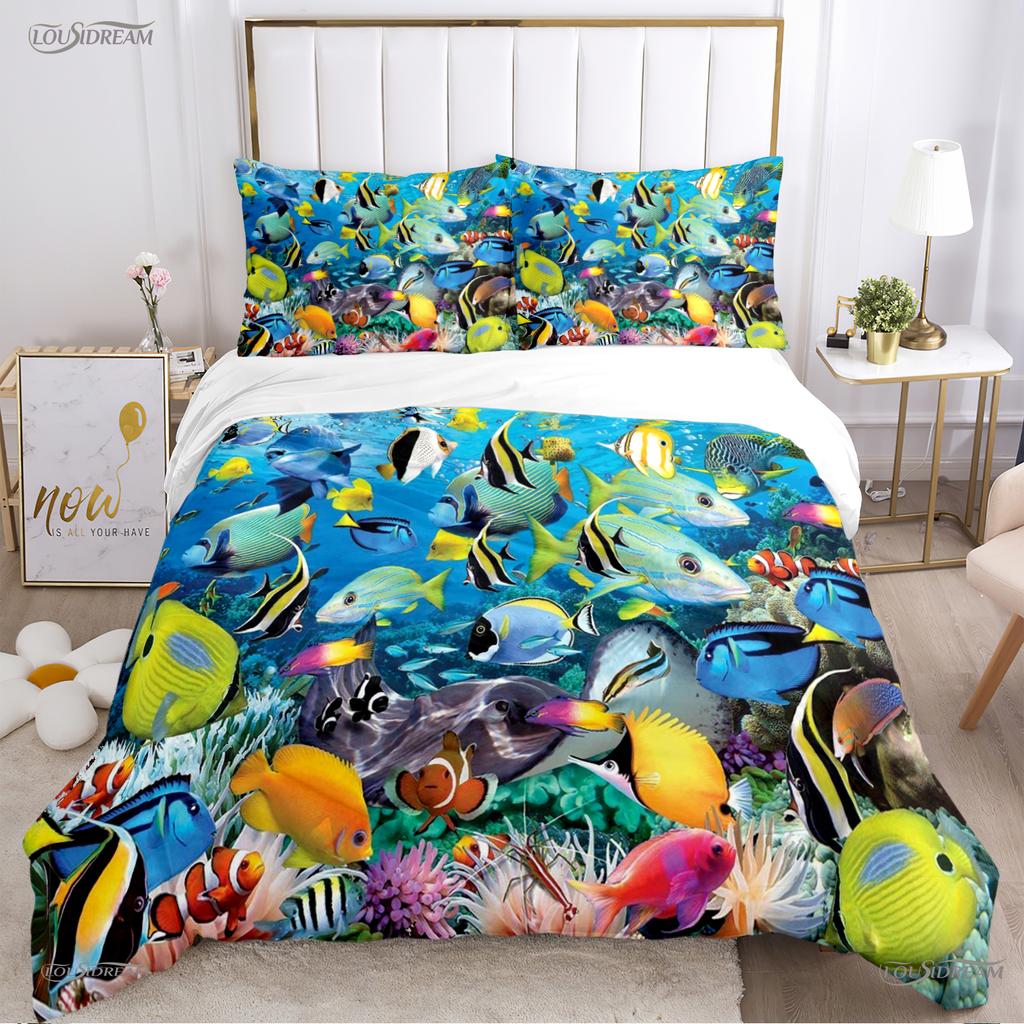Comforter 3D Ocean World Dolphin Whale Fish Comforter Beding Set Soft And For Single/Double/Queen/King