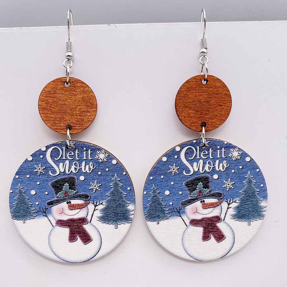 Retro Wooden Christmas Earrings: Geometric Patchwork with Snowman, Tree, and Snow Designs