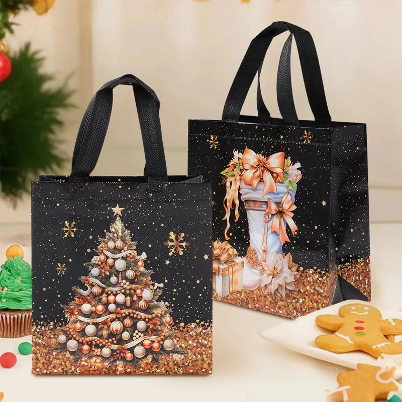 1 STuks met Handvatten Sneeuwpop Cadeautassen Zwart & Gouden Kerstboom & Kous Ontwerp Tote Bags Waterdicht