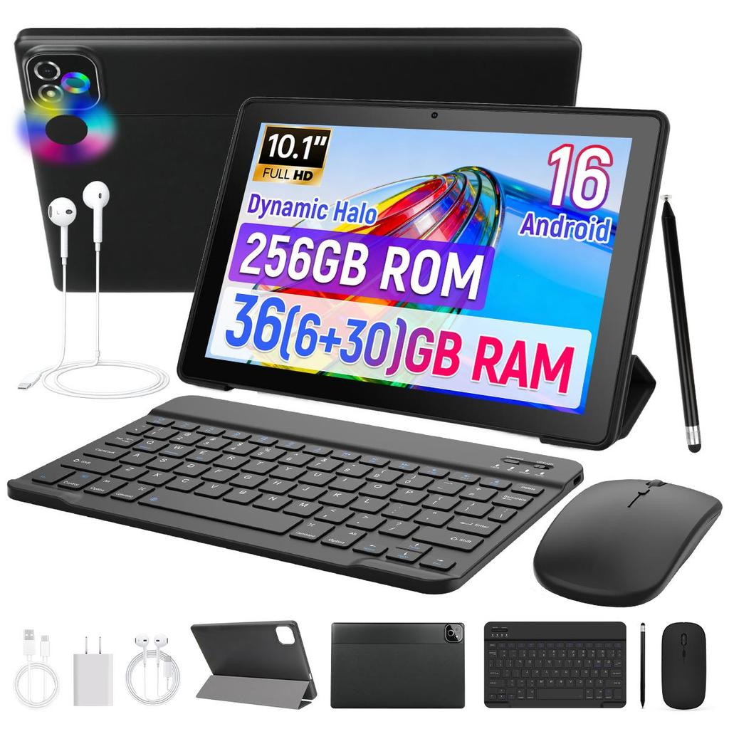 Tablet Android 16, 10,1 Pollici, 36 GB di RAM + 256 GB di ROM, Octa Core, Batteria da 6000 mAh, Nero