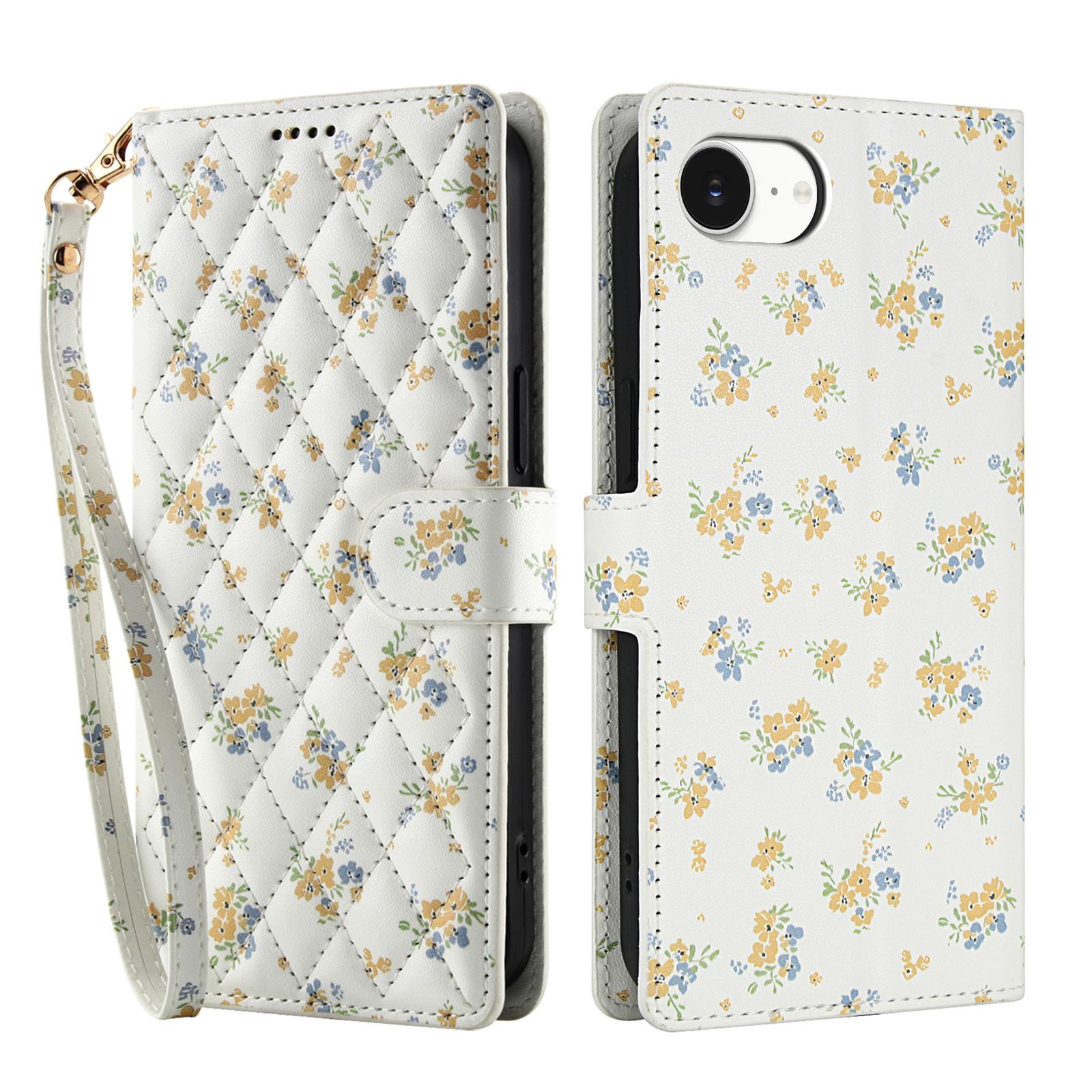 

For iPhone 16e Wallet Case Rhombic Floral Design Leather Flip Phone Cover with Strap A5