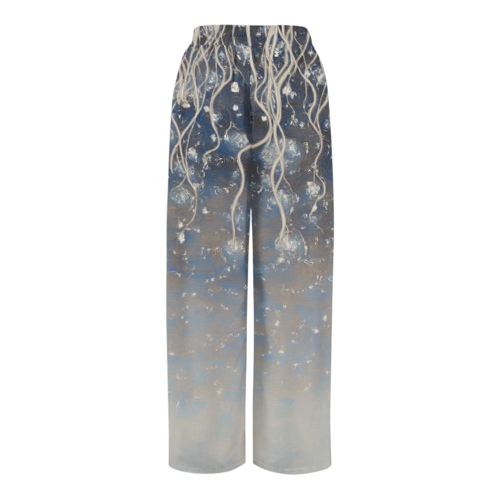Pantaloni da donna stampati a gamba larga con tasche, vita alta con coulisse, pantaloni casual larghi