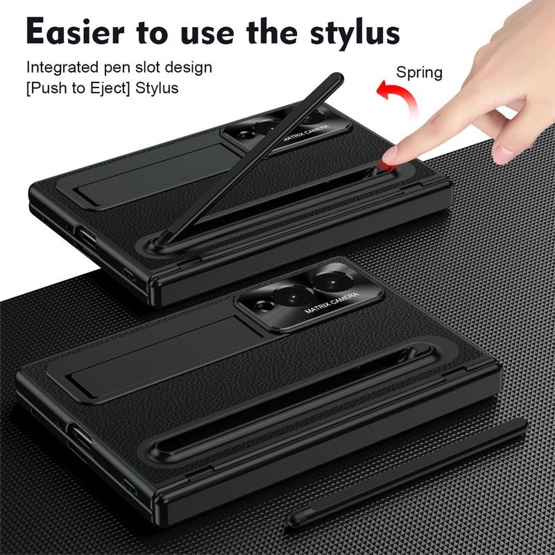 Plating Leather Phone Case For Samsung Galaxy Z Fold 8 Wide 7 6 5 4 TriFold Luxury Hidden Bracket Cover with Pen Slot & S Pen Screen Protector Film