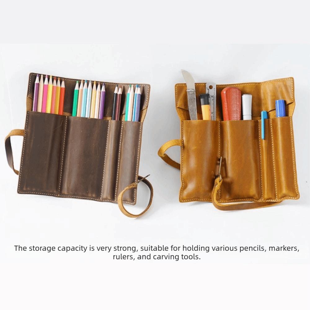 Multi-Compartment Pencil Roll Bag Cowhide Leather Vintage Cowhide Pencil Case Literary Style