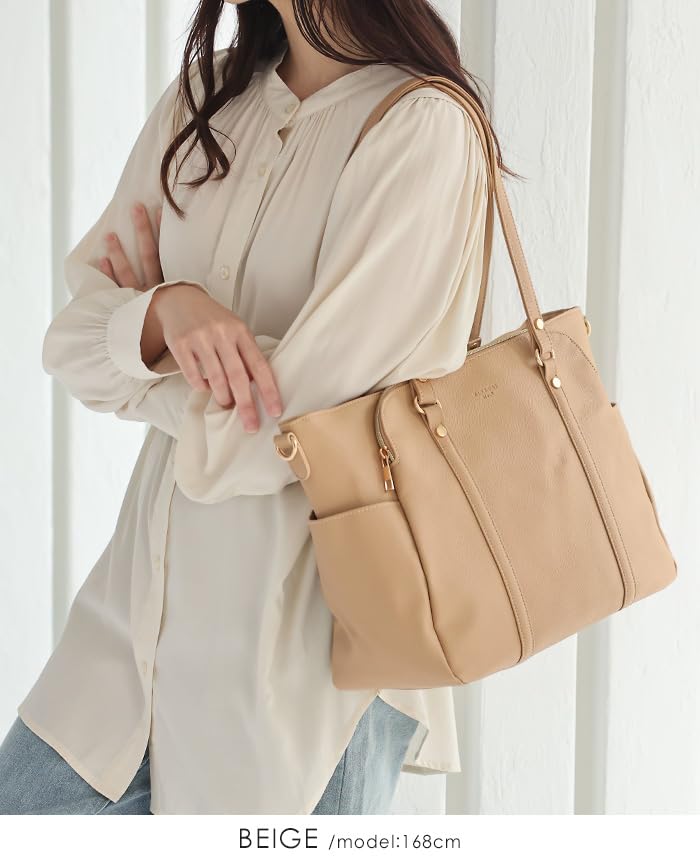 Verita.jp F9t 2-Way Tote Bag [Judy] Shoulder Bag with Multiple Storage Capacity, A4 Size, for Commuting and School (Beige)