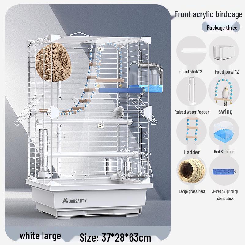 Großer Acryl-Vogelkäfig für Papageien, Nymphensittiche & Wellensittiche - Transparente Vorderseite mit Metallrahmen