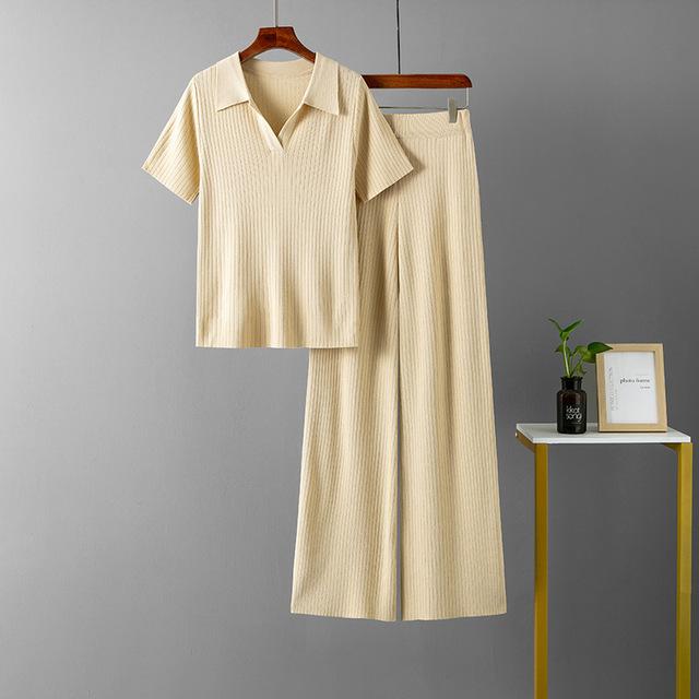 Suits Women Knitted Polo Collar Pullover Short Sleeved Tops +slim Solid Color Wide Leg Pants Suit Fashion Womens Two Peice Sets