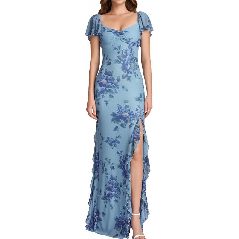 Sweet and spicy wind 2026 summer new floral high-end tight heart-shaped collar pleated dress XS