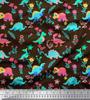 Soimoi Black Japan Crepe Satin Fabric Aster Flower & Dinosaur Kids Print Fabric by Metre 42 Inch