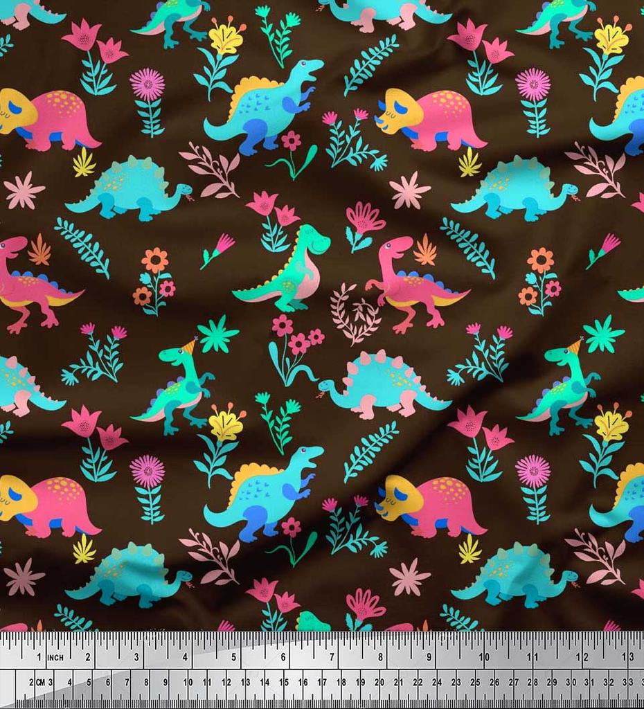 Soimoi Black Japan Crepe Satin Fabric Aster Flower & Dinosaur Kids Print Fabric by Metre 42 Inch