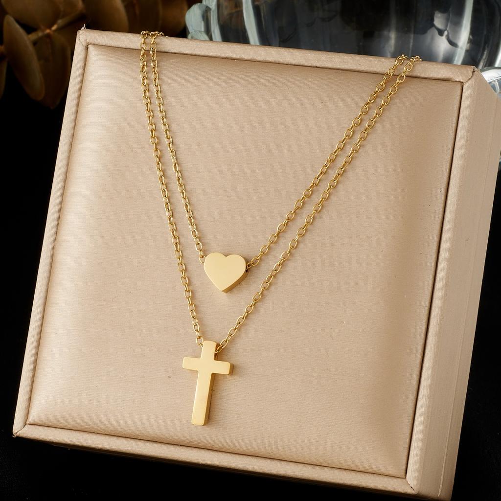 316L Stainless Steel Double Layer Cross Heart Pendant Collarbone Necklaces For Women Creative Fashion New Jewelry Party Gift