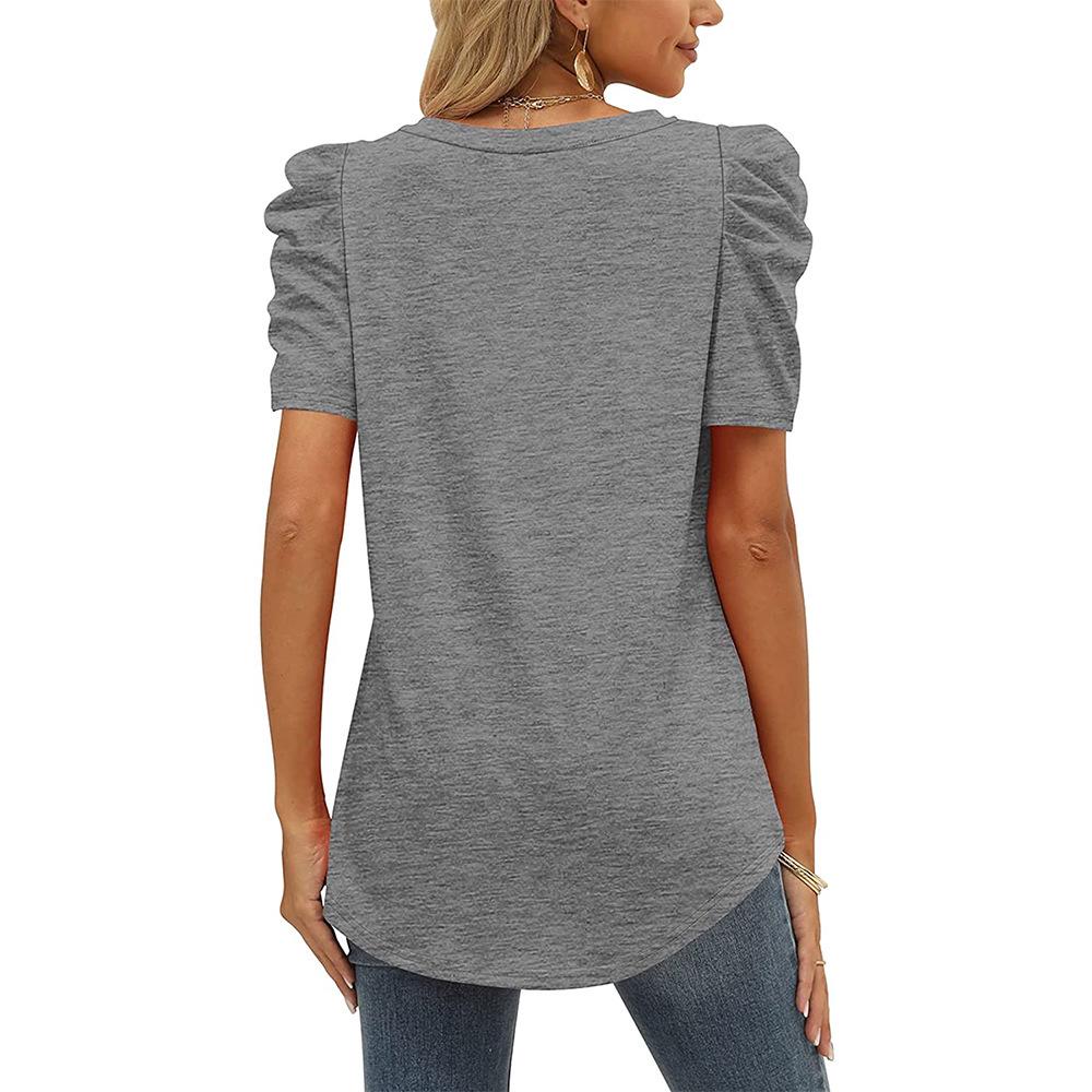2024 European & American Style Ruched Patchwork V-Neck Short-Sleeve Women's T-Shirt