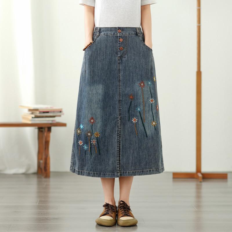 Summer Embroidered Flower Semi-elastic Waist Button Denim Skirt