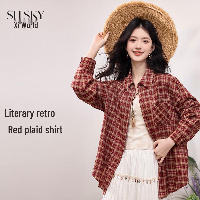 Women s Retro Red Plaid Long Sleeve Shirt L
