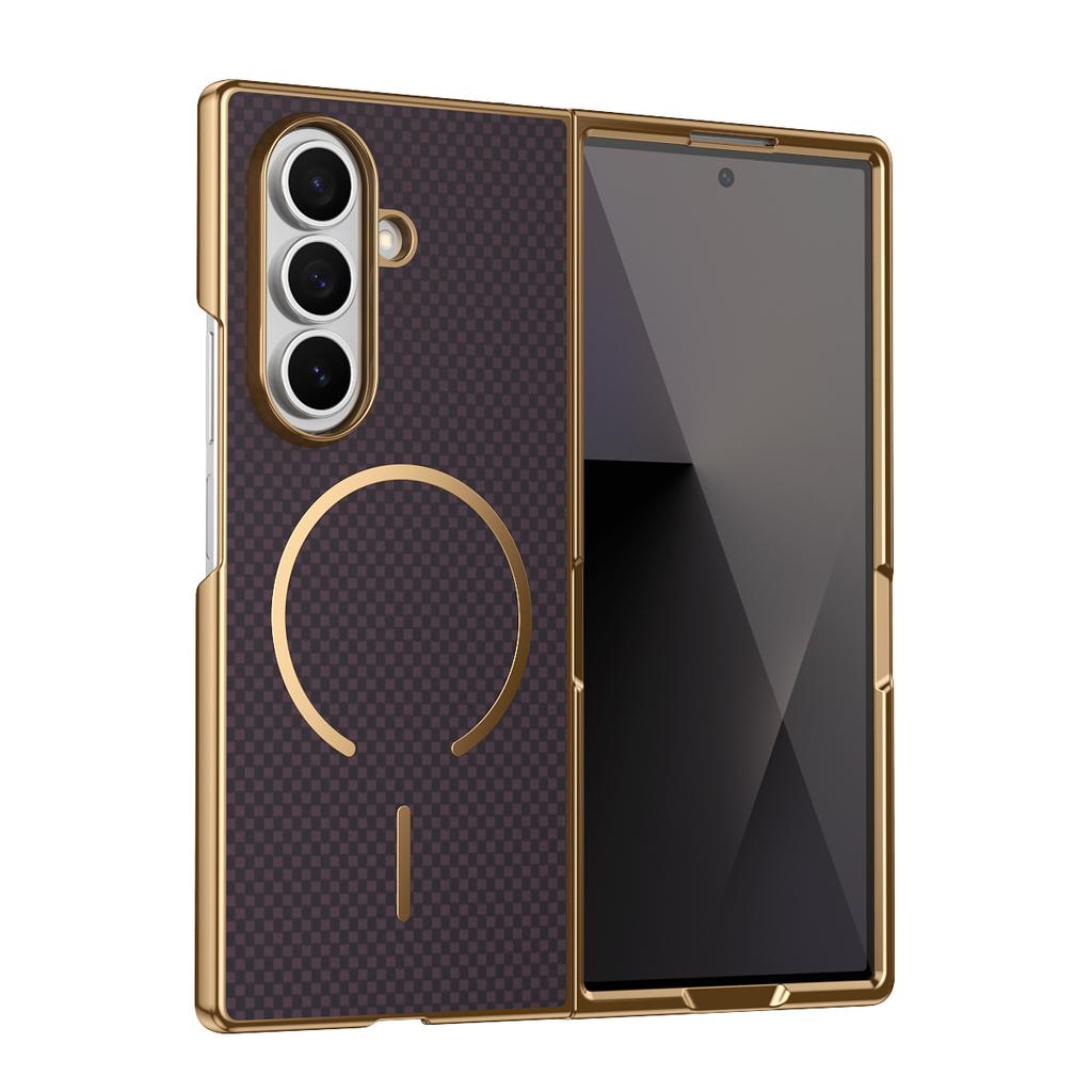 Plating Kavlar Magnetic Phone Case for Galaxy Z Fold 7/6 with Wireless Charging Compatible with Samsung -Includes Tempered Glass