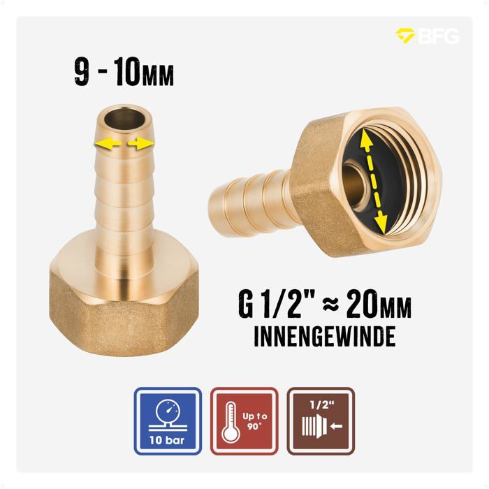 Adaptateur embout de tuyau laiton massif Barb vers BSP filetage 10 mm tête verte