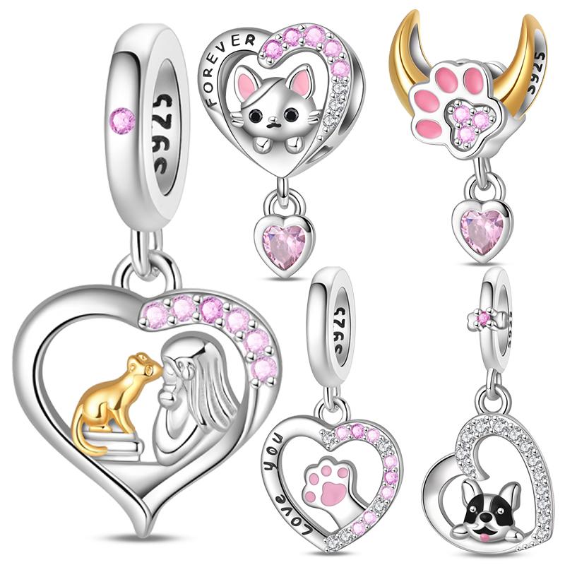 100%Stering Copper Cute Pet Charms Beads Dog Cat Moon Pendant Fit Original 3Mm Bracelet Diy For Women Jewelry