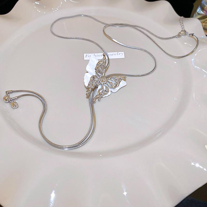 

Элегантный двухслойный бабочка кисточка регулируемый длинный ожерелье темперамент продвинутый смысл ожерелье аксессуары женщины