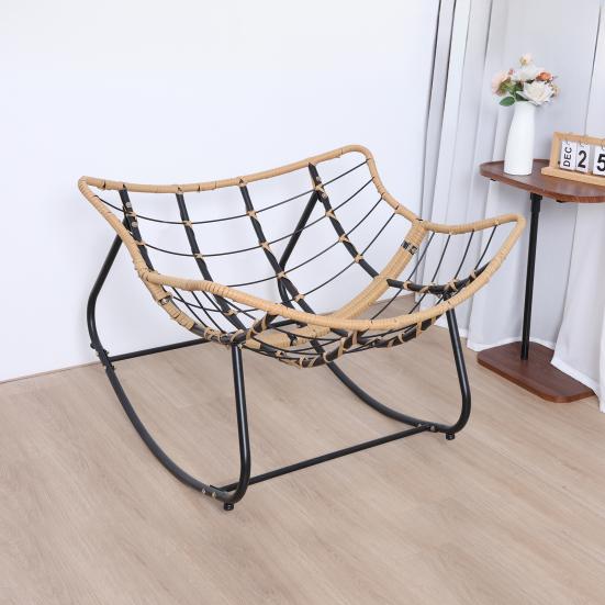 Outdoor Rattan Rocking Chair Patio Comfy Reading Chair with Oversized Cushion Indoor Recliner Wide Rocking Chair for Balcony Front Porch Grey