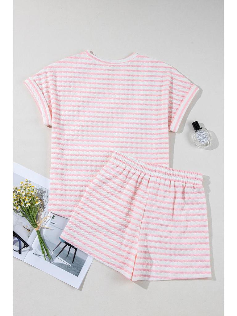2025 Spring/Summer Women's Knit Drawstring Short-Sleeved Two-Piece Casual Set - European & American Fashion