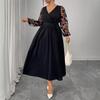 High-waisted Plus-size Dress for Autumn and Winter V-neck Lace Long-sleeved Lace-up Dress for Women