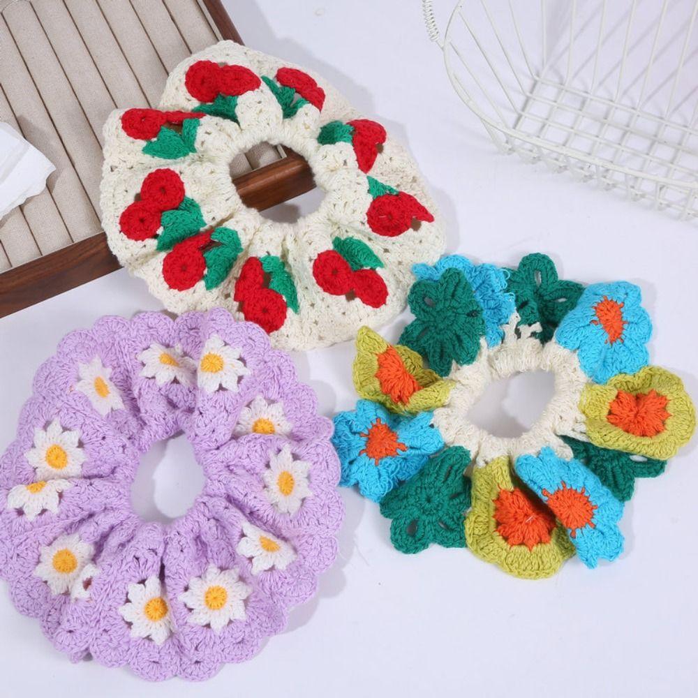 Bohemian Style Knitted Hair Rope Flores Ponytail Hair Band Crocheted Flower Scrunchies  Women