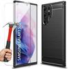 Protective Case - BOOLING - for Samsung Galaxy S22Ultra - Flexible - Carbon Fiber - Black - 2 Tempered Glasses