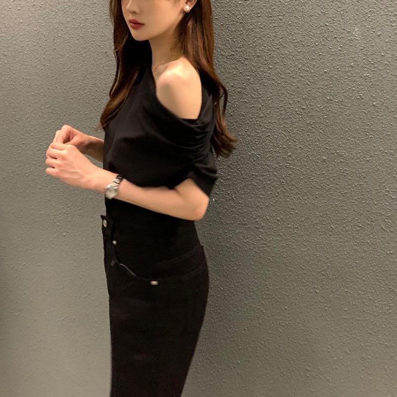 Korean Chic One-Shoulder Irregular Loose Solid Color Pullover T-Shirt