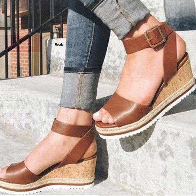 2023 Women's Plus Size Peep Toe Wedge Sandals - European & American Fashion with Buckle Strap