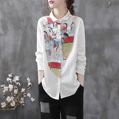 Camisa Feminina de Algodão e Linho Estampada com Combinação de Cores Irregulares Camisa Branca de Manga Comprida