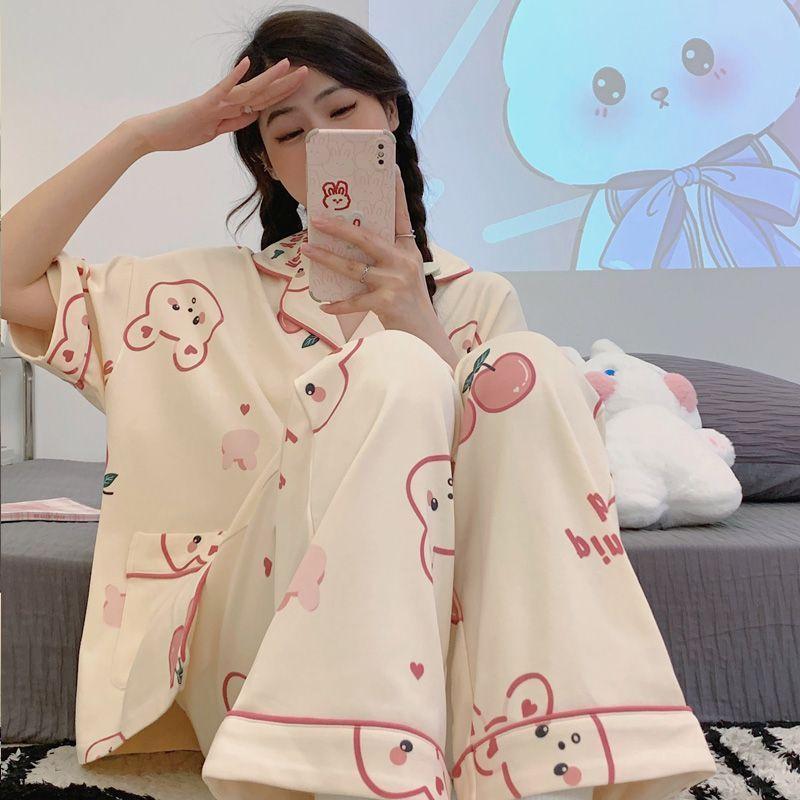 Sweet and Cute Pajamas Women's Summer Short-sleeved Trousers Girls Loungewear Suit